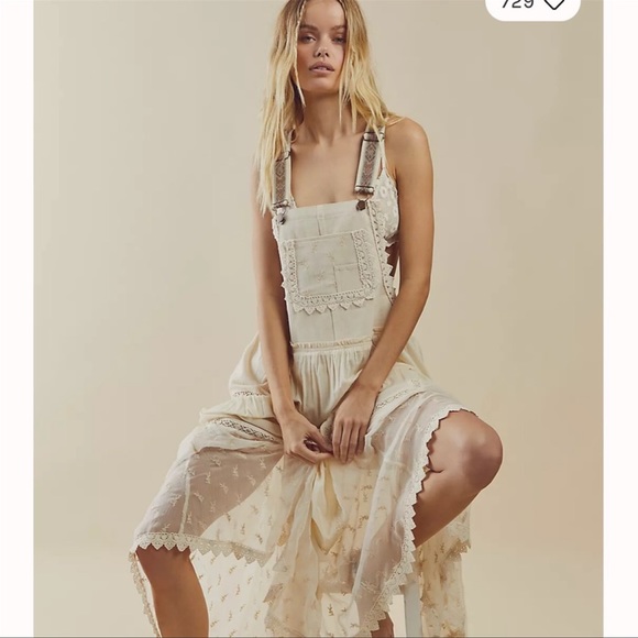 Free People Trails End Lace Crochet Vintage Overalls Maxi Dress Skirtall - Picture 2 of 3